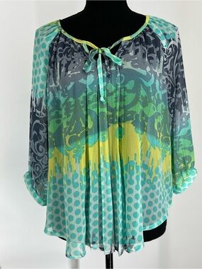 BCX Teal, Green & Yellow Printed Peasant Blouse